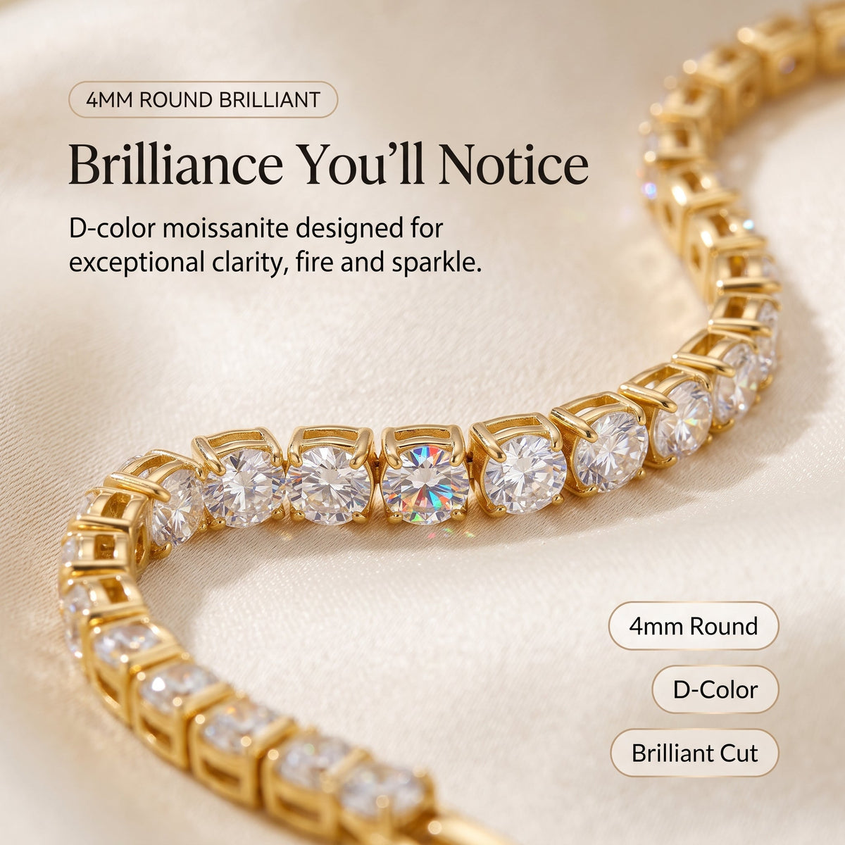 💎Classic 4mm D-Color Moissanite Tennis Bracelet – 14K Gold Plated with Double Safety Clasp✨