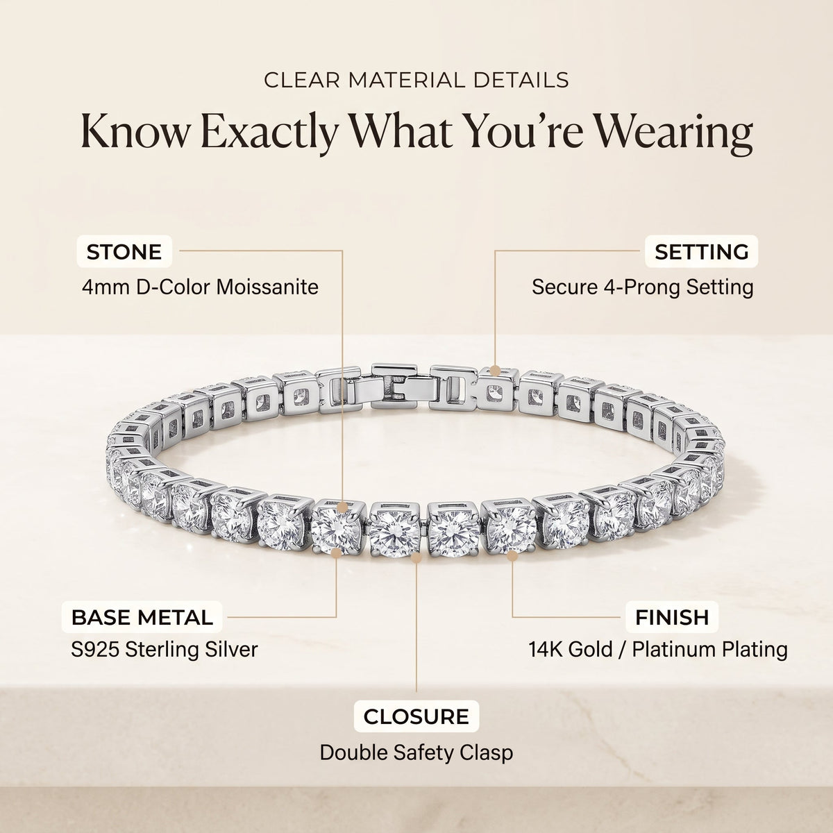 💎Classic 4mm D-Color Moissanite Tennis Bracelet – 14K Gold Plated with Double Safety Clasp✨