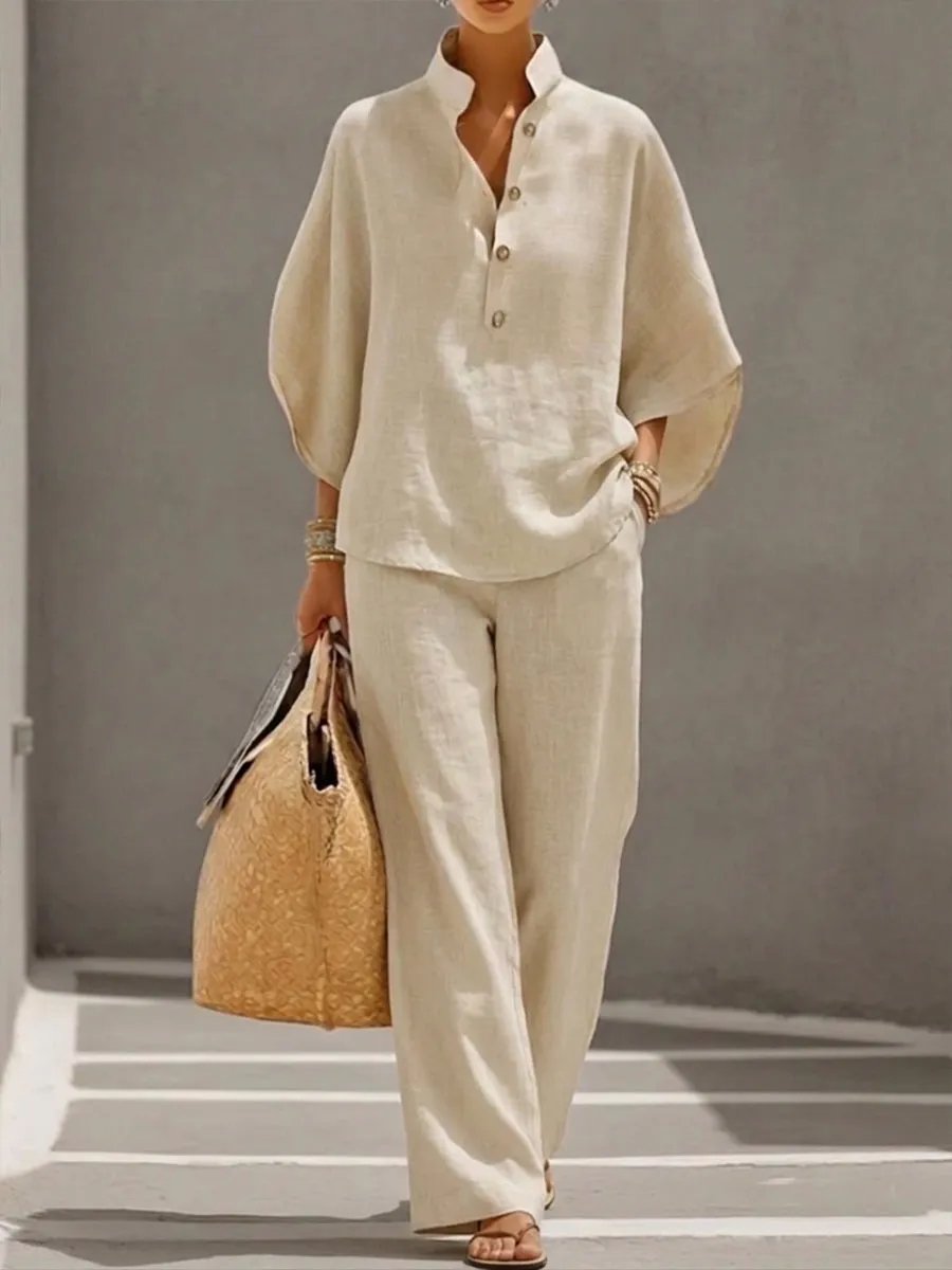 🔥Women's Batwing Sleeve Two-Piece Set – Casual Shirt & Wide Leg Pants Outfit
