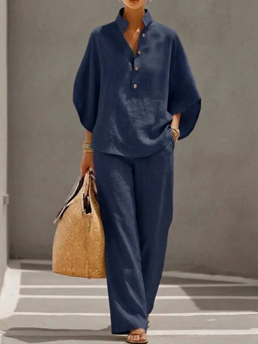 🔥Women's Batwing Sleeve Two-Piece Set – Casual Shirt & Wide Leg Pants Outfit