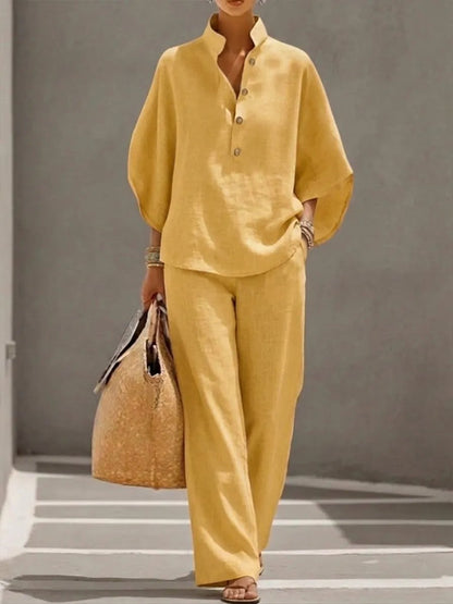🔥Women's Batwing Sleeve Two-Piece Set – Casual Shirt & Wide Leg Pants Outfit