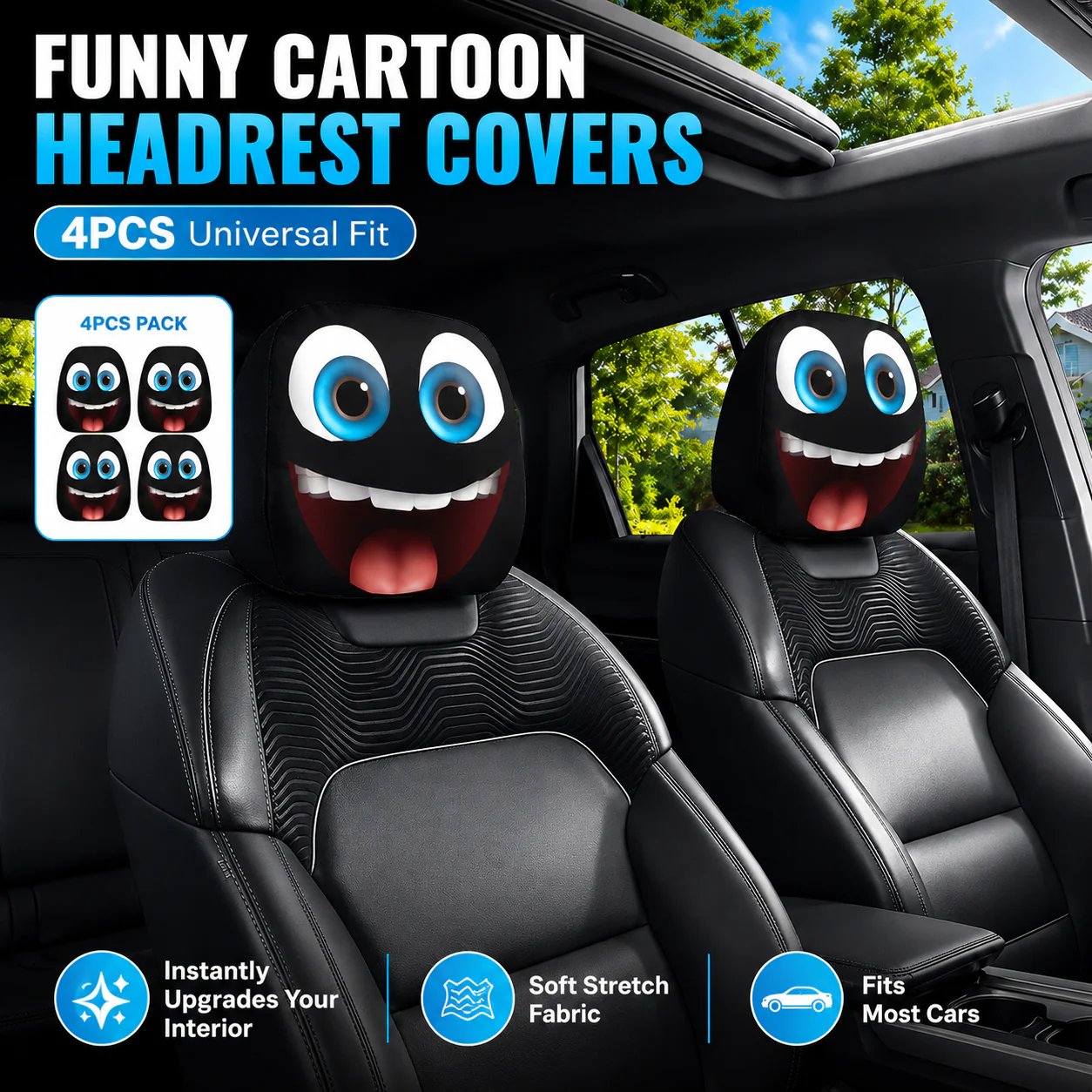 🔥LAST DAY SALE 49% OFF-😆 Funny Cartoon Car Headrest Covers – 2PCS Universal Fit 🚗