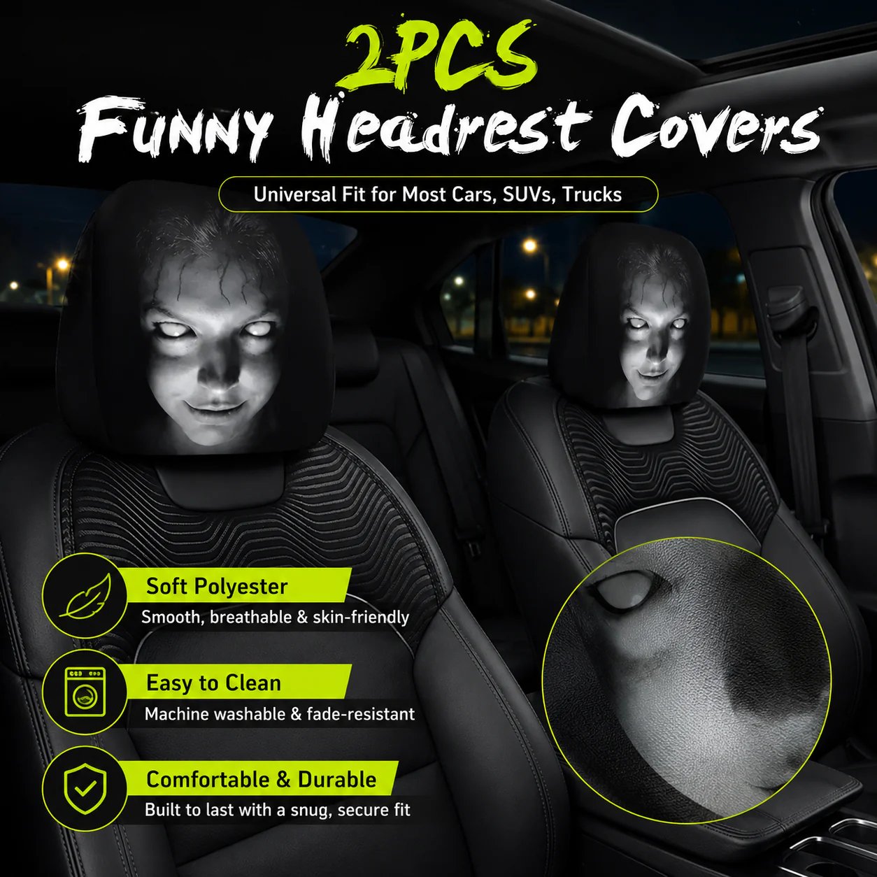 🔥LAST DAY SALE 49% OFF-😆 Funny Cartoon Car Headrest Covers – 2PCS Universal Fit 🚗