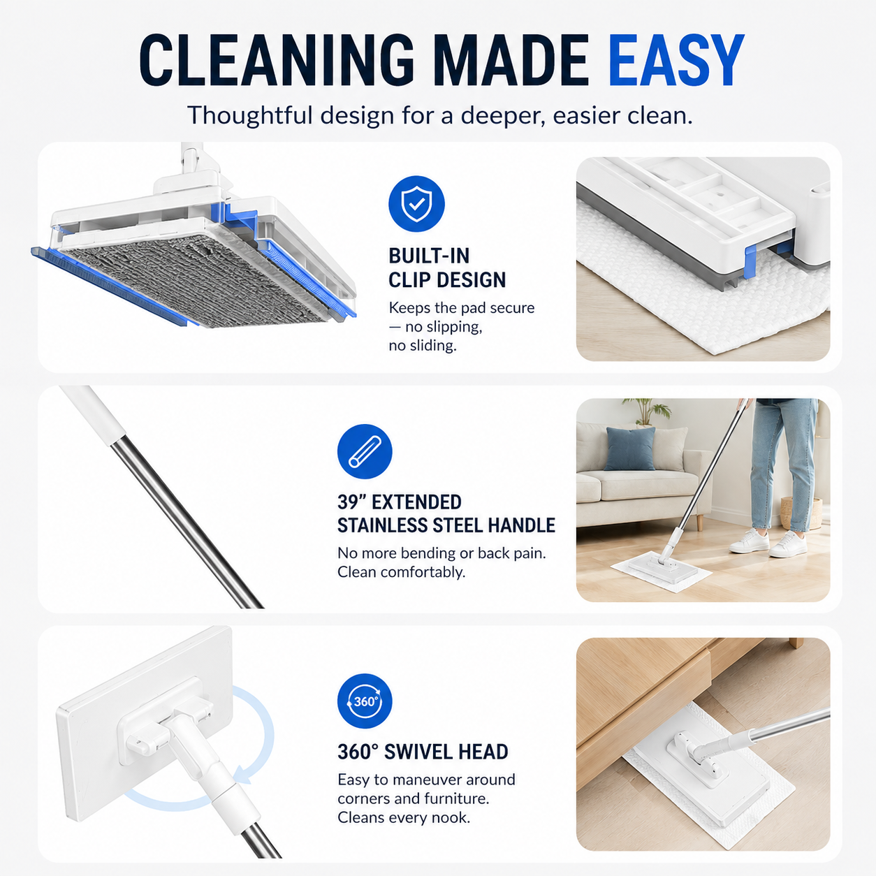 Self-Clipping Flat Mop🧹-10 Pads Included🔥