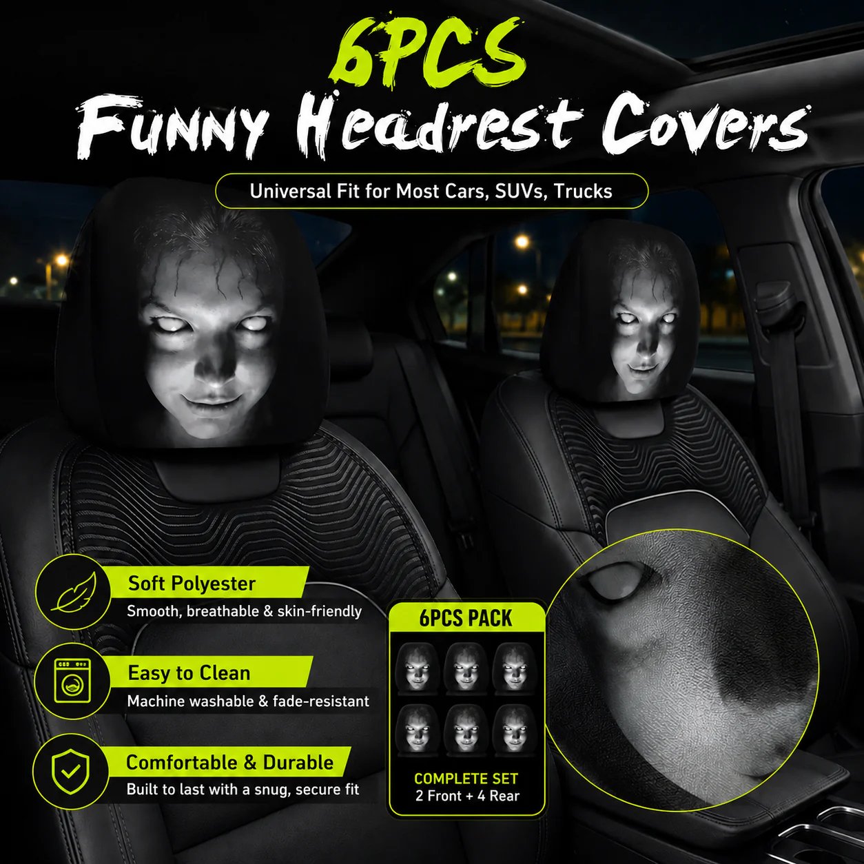 🔥LAST DAY SALE 49% OFF-😆 Funny Cartoon Car Headrest Covers – 2PCS Universal Fit 🚗