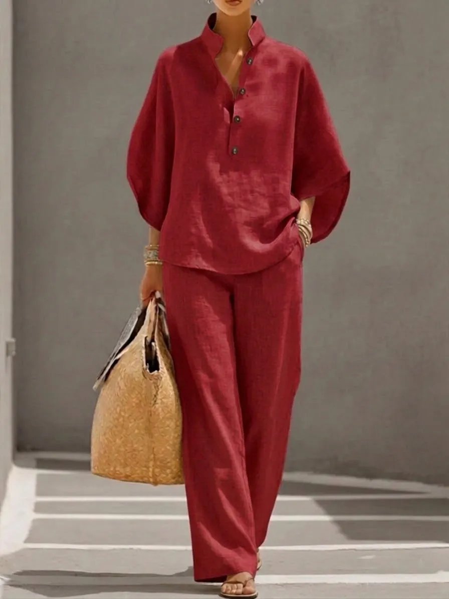 🔥Women's Batwing Sleeve Two-Piece Set – Casual Shirt & Wide Leg Pants Outfit