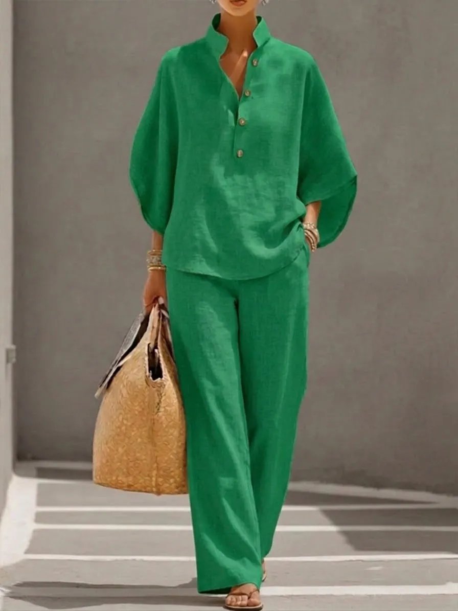 🔥Women's Batwing Sleeve Two-Piece Set – Casual Shirt & Wide Leg Pants Outfit