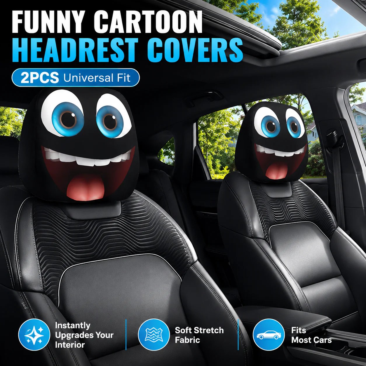🔥LAST DAY SALE 49% OFF-😆 Funny Cartoon Car Headrest Covers – 2PCS Universal Fit 🚗